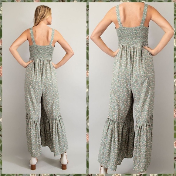 EASEL Smocked Sleeveless Lightweight Ultra Wide Leg Ruffled Hem Jumpsuit Romper - Picture 8 of 14